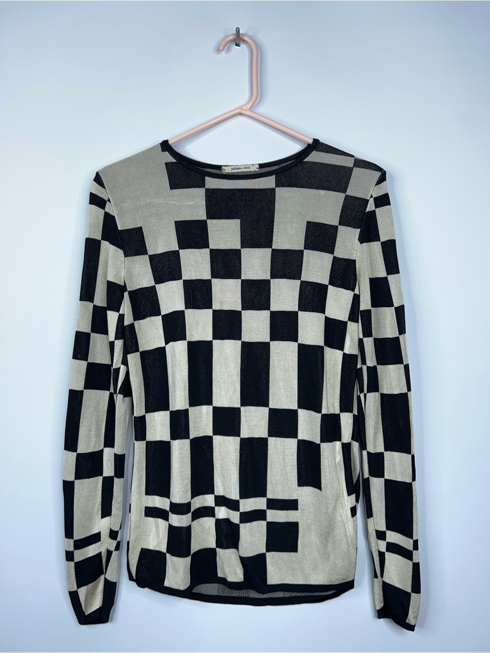 Paloma Wool El Valle Knit Shirt Grid Print Black Cream Long Sleeve Fitted Large